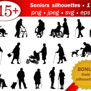 Personas mayores silueta svg png vector editable plantilla editable stencil cameo cricut abuelo abuela desactivar personas mayores oro brillo archivos png gratis