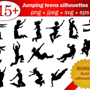 Teens jumping silhouette man people jump vector editable svg jpeg png image moving girl jumping cameo stencil cricut files cutting printable