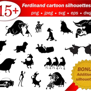 SVG Ferdinand cartoon bull silhouette stencil template png cricut cameo vector editable printable free additional silhouette