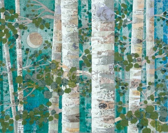 Moonlit Aspen - Gallery Wrapped Canvas Print of an Original Mixed Media Paper Collage by Brenda Bennett Art