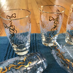 Vintage Rose & Gold Ribbon Libbey Tumbler Glasses | Set of 7 | Water Glasses | Drinking Glasses | Cocktail Glasses | Glassware