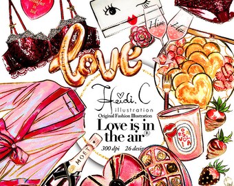 May include: A digital illustration of Valentine's Day themed items, including a heart-shaped box of chocolates, a bottle of champagne, a pink robe, a pair of lingerie, a plate of heart-shaped pancakes, and a candle. The illustration is in a watercolor style and features gold accents.