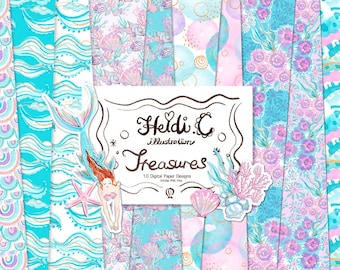 Pode incluir: Um conjunto de 10 designs de papel digital com uma sereia, conchas, corais e ondas do oceano em tons de azul, rosa e roxo. Os designs são perfeitos para scrapbooking, criação de cartões e outros projetos de artesanato.