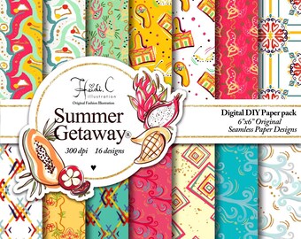 zomer digitaal papier, zomer planner, tropische patronen, digitale zomer papier, vakantie papier, aquarel, PaperPack, tropisch zomerfeest thema