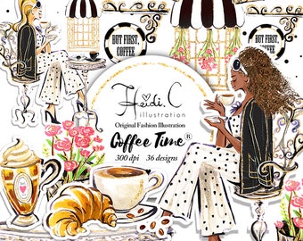Fashion Coffee Clipart, Espresso, Cafe Clipart, High Tea Clip Art, Planner Girl, Coffee break time, Cups, Latte, Croissant, Elegant Pastries