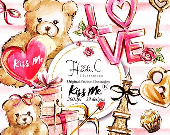 Valentine Clipart Teddy Bear Valentines Day Love Clip Art Valentines Gift Clipart Valentines Elements Valentines Day Mail Watercolor Rose