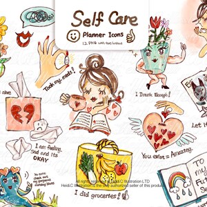 Self Care planner icons, icon clipart, icon clip art, planner clip art, watercolor, icon stickers, planner clipart, commercial use sticker
