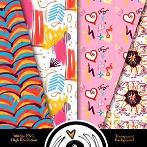 Pode incluir: Uma cole&ccedil;&atilde;o de pap&eacute;is digitais coloridos com v&aacute;rios padr&otilde;es. Os designs incluem pinceladas abstratas em vermelho, amarelo e rosa, um fundo rosa com cora&ccedil;&otilde;es e raios, e um padr&atilde;o floral geom&eacute;trico. A imagem tamb&eacute;m inclui o texto "300 dpi PNG Alta Resolu&ccedil;&atilde;o" e "Fundo Transparente".