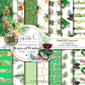 Watercolor Tropical Jungle Digital Paper Pack Clip Art Monkey Botanical Background Reading Graphic Exotic Papers Book Summer Clipart Green