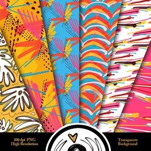Pode incluir: Uma cole&ccedil;&atilde;o de padr&otilde;es abstratos coloridos em v&aacute;rios designs. Os padr&otilde;es apresentam pinceladas ousadas, pontos e elementos florais em tons de amarelo, azul, rosa e laranja. A imagem inclui o texto "300 dpi PNG Alta Resolu&ccedil;&atilde;o" e "Fundo Transparente."