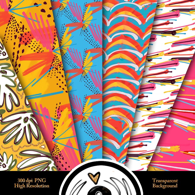 Pode incluir: Uma cole&ccedil;&atilde;o de padr&otilde;es abstratos coloridos em v&aacute;rios designs. Os padr&otilde;es apresentam pinceladas ousadas, pontos e elementos florais em tons de amarelo, azul, rosa e laranja. A imagem inclui o texto "300 dpi PNG Alta Resolu&ccedil;&atilde;o" e "Fundo Transparente."