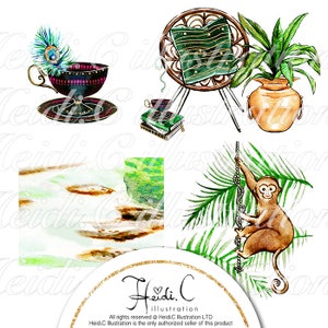 May include: A digital illustration set featuring a teacup with a peacock feather, a wicker chair with a green cushion, a potted plant, a stack of books, and a monkey swinging on a vine. The background is a watercolor wash of green and brown.