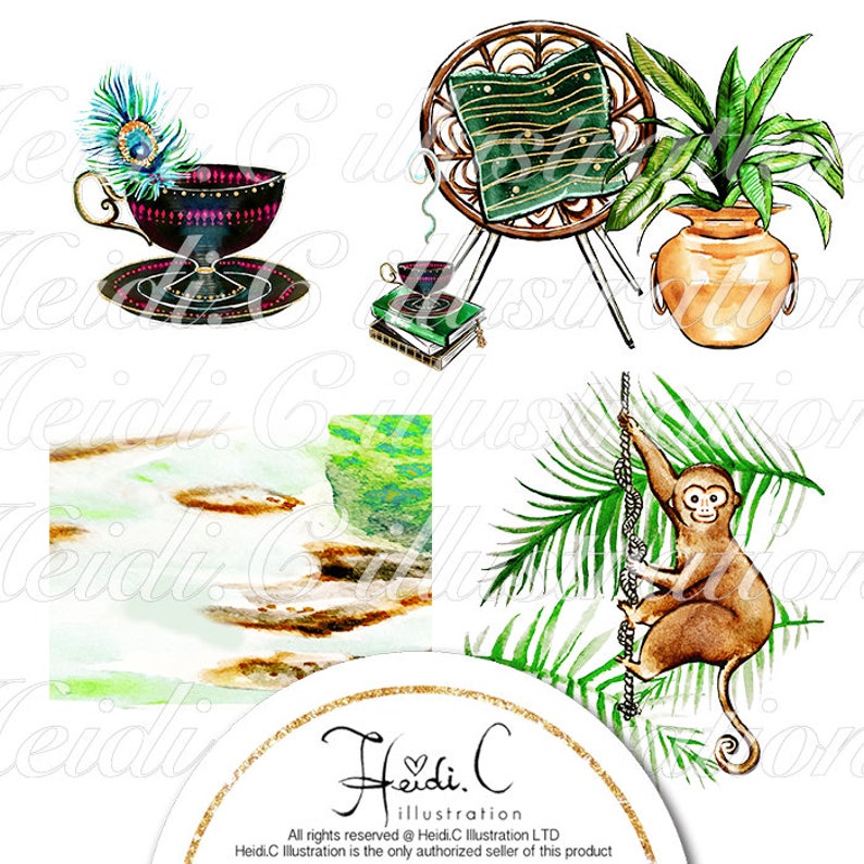 May include: A digital illustration set featuring a teacup with a peacock feather, a wicker chair with a green cushion, a potted plant, a stack of books, and a monkey swinging on a vine. The background is a watercolor wash of green and brown.