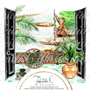 May include: A watercolor illustration of a tropical patio scene with a monkey hanging from a vine, a wicker chair with a green cushion, a potted plant, and two black doors. The text "Heidi.C illustration" is at the bottom of the image.
