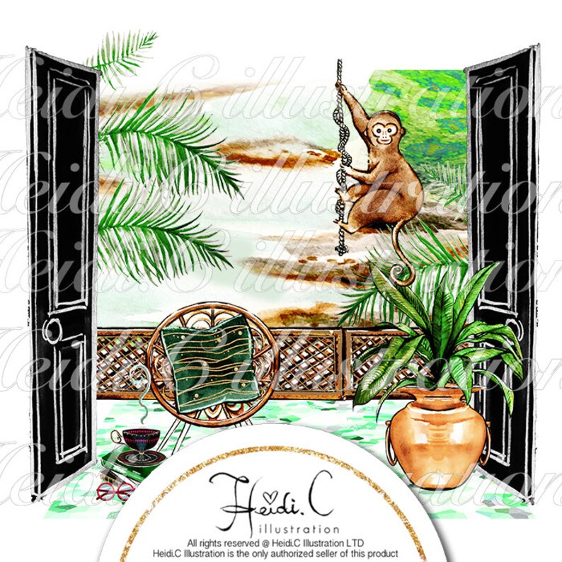 May include: A watercolor illustration of a tropical patio scene with a monkey hanging from a vine, a wicker chair with a green cushion, a potted plant, and two black doors. The text "Heidi.C illustration" is at the bottom of the image.