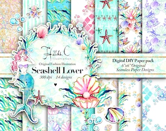 Sea Digital Paper Ocean Background Seashell Clip Art Underwater Paper Pack Fashion Illustration Watercolor Mermaid Scrapbook Printable