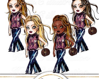 May include: Three digital illustrations of women with different skin tones wearing a purple and gold sweater, blue jeans, and a brown handbag. The women have long hair and are depicted in a walking pose.
