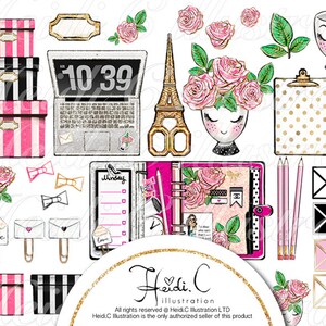 May include: A digital illustration of a collection of planner stickers featuring a laptop, a Parisian Eiffel Tower, a floral arrangement, a clipboard, a notebook, pencils, envelopes, and a gift box. The stickers are in a pink, black, and white color scheme.