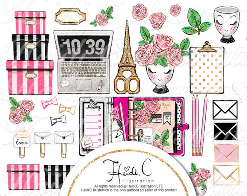 May include: A digital illustration of a collection of planner stickers featuring a laptop, a Parisian Eiffel Tower, a floral arrangement, a clipboard, a notebook, pencils, envelopes, and a gift box. The stickers are in a pink, black, and white color scheme.