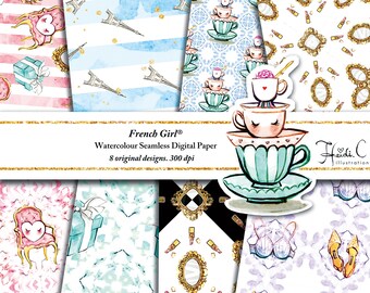 Pastel Pink Paris Cute Digital Paper Pack Fashion Printables-seamless pattern Fashion Illustration scrapbook paper-paris clipart-teacup