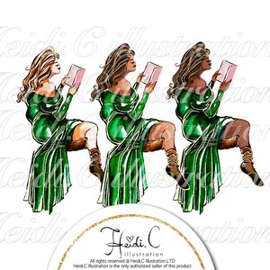 May include: Three watercolor illustrations of women in green dresses reading books. The women are sitting with their legs crossed and holding books in their hands. The books are pink and white.