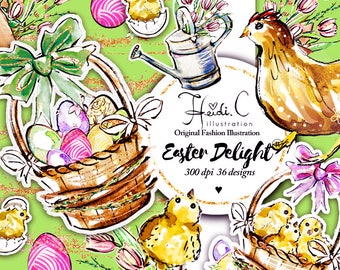 Easter Egg Clipart, Easter Watercolor Clipart, Spring Clipart, Easter Elements, Chick Illustration, Eggs Illustrations, Easter Designs