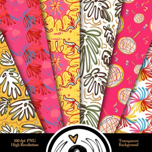 Pode incluir: Uma cole&ccedil;&atilde;o de pap&eacute;is digitais coloridos com v&aacute;rios padr&otilde;es. Os designs incluem formas florais, abstratas e geom&eacute;tricas em tons de rosa, amarelo, verde e branco. O texto diz "300 dpi PNG Alta Resolu&ccedil;&atilde;o" e "Fundo Transparente."