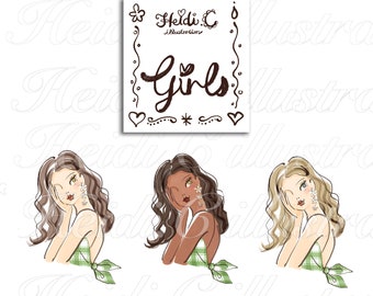 Clipart de mode, été, clipart de fille, clipart d’urbaniste de ressort, illustration de mode, clipart de fille de mode, rose et vert, fille de planificateur