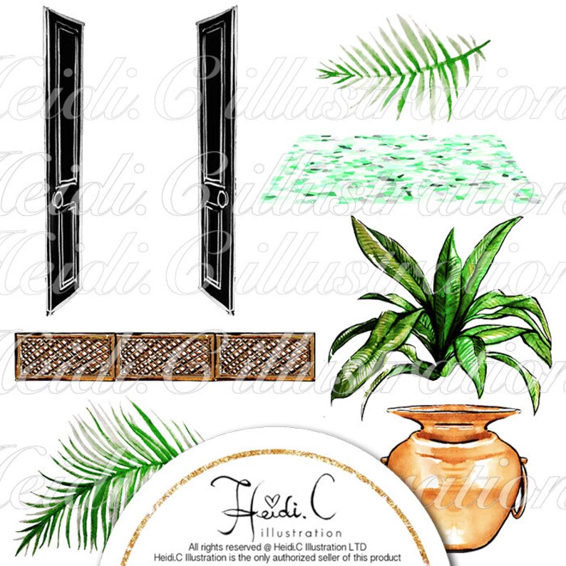 May include: A set of digital illustrations featuring a pair of black doors, a green tiled floor, a potted green plant, a brown wooden lattice, and a palm leaf. The illustrations are in a watercolor style.