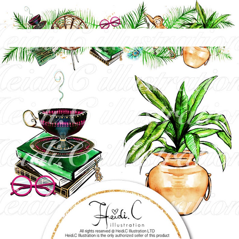 May include: A watercolor illustration of a teacup and saucer on a stack of books, a potted plant with a brown pot, and a pair of glasses. The illustration is surrounded by a gold circle with the text "Heidi.C illustration" in the center.