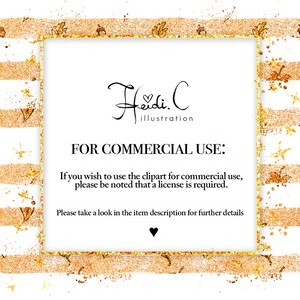 Pode incluir: Ilustra&ccedil;&atilde;o digital com fundo branco, listras douradas brilhantes e detalhes de folhas douradas. O texto diz "Heidi. C illustration" e "FOR COMMERCIAL USE: If you wish to use the clipart for commercial use, please be noted that a license is required."