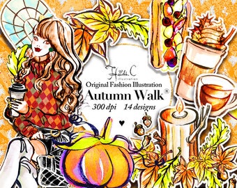 Fall Clipart Autumn Clipart Autumn Fashion Clipart Planner Girl Fashion Illustration Leaves Pumpkin Coffee Latte Stickers Supplies Candle