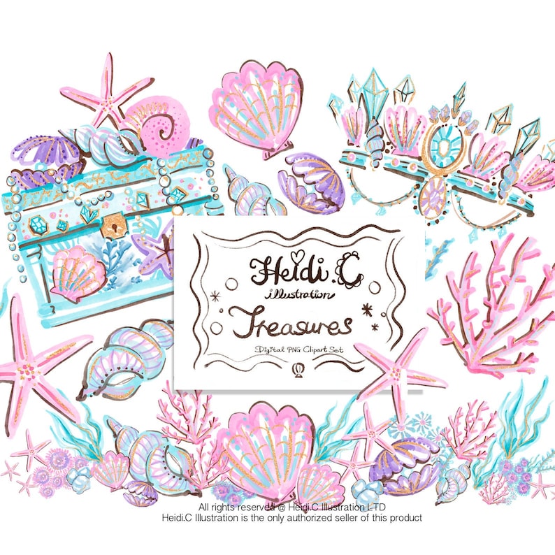 May include: A digital clipart set of mermaid treasures, including a treasure chest, seashells, starfish, coral, and a crown. The illustrations are in a watercolor style with pink, blue, and gold accents.