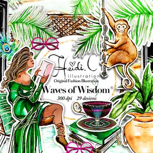 May include: A digital illustration set featuring a woman in a green dress reading a book, a monkey swinging from a vine, a potted plant, a cup, and a stack of books. The illustration is titled "Waves of Wisdom" and includes the text "Original Fashion Illustration" and "300 dpi 29 designs".