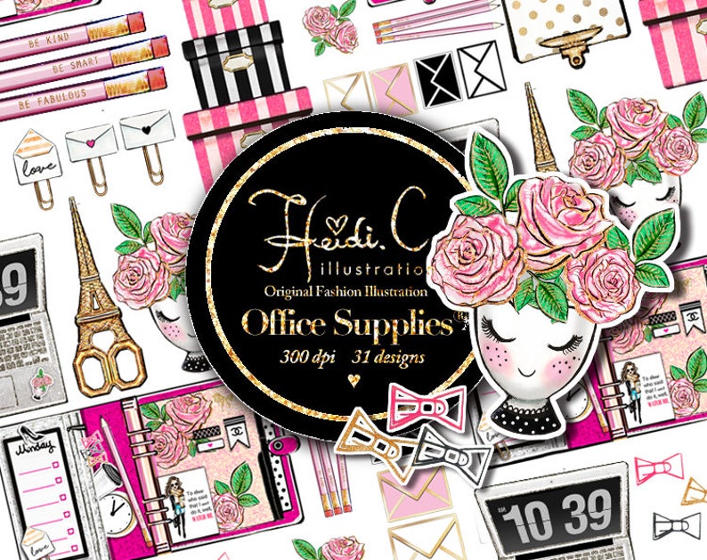 May include: A set of 31 digital office supply illustrations in a pink, black, and gold color scheme. The illustrations include a Parisian Eiffel Tower, a clock, a notebook, a pair of scissors, a pencil, a bow, a gift box, and a woman with roses in her hair. The text "Heidi. C illustration Original Fashion Illustration Office Supplies 300 dpi 31 designs" is included in the image.