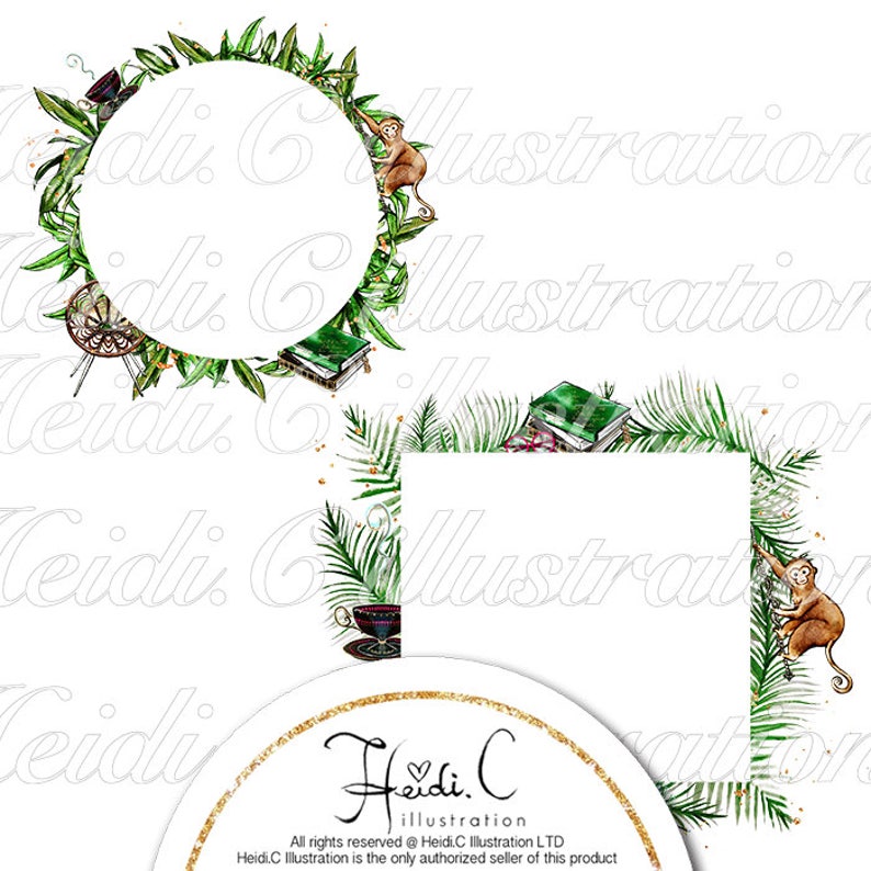 May include: Two watercolor illustrations of circular frames with green leaves, monkeys, and books. The frames are perfect for adding text or images. The text "Heidi.C illustration" is at the bottom of the image.