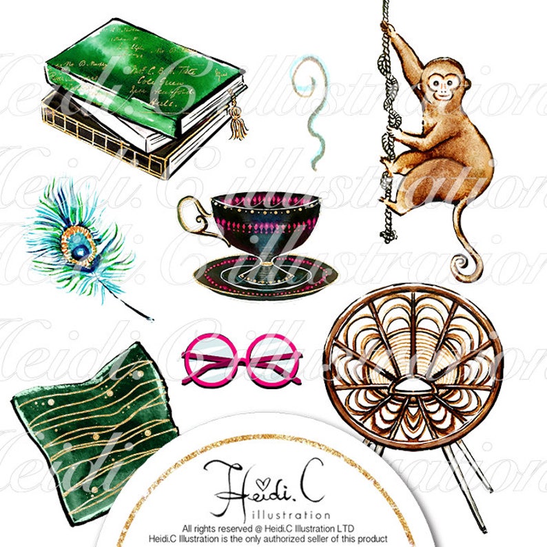 May include: A watercolor illustration of a set of whimsical items including a stack of books, a teacup and saucer, a peacock feather, a pair of pink glasses, a wicker chair, and a monkey hanging from a rope.