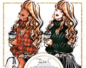Fashion Style Autumn Woman Girl Clipart Graphics Bootleg Clip Art Fall Fashion Illustration Scrapbook Planner Watercolor Printable