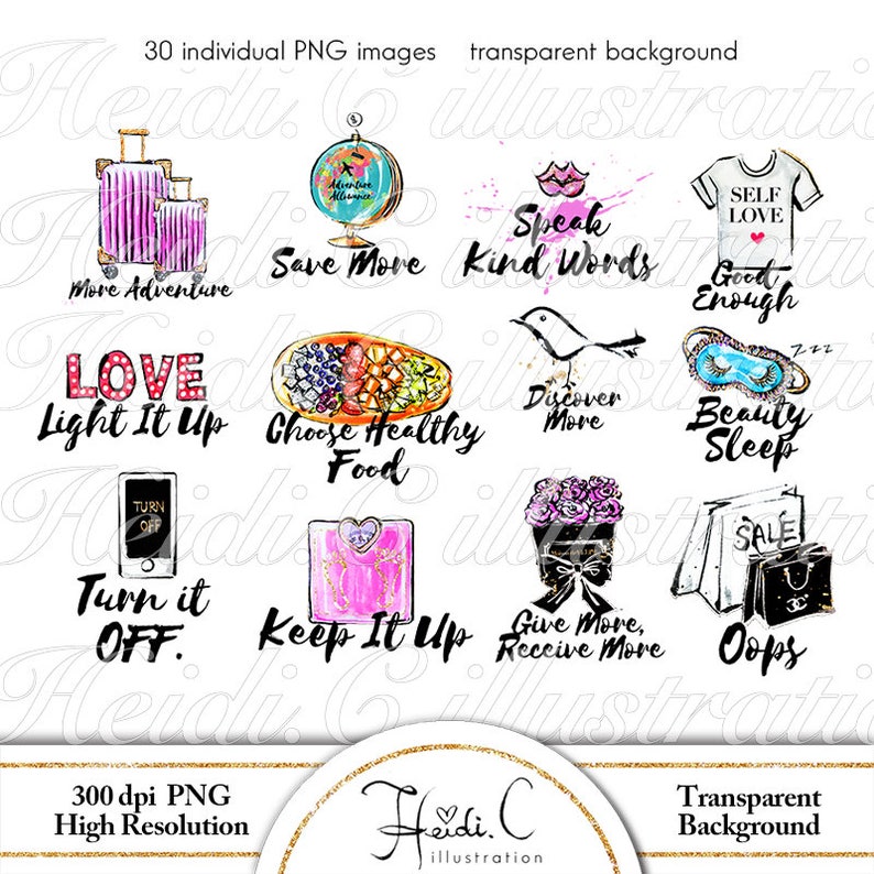 May include: Set of 30 watercolor illustrations with motivational quotes. The illustrations are in a variety of styles, including hand-drawn, cartoon, and abstract. Some of the quotes include "Love Light It Up", "Choose Healthy Food", "Discover More", "Beauty Sleep", "Turn It Off", "Keep It Up", "Give More, Receive More", and "Oops".