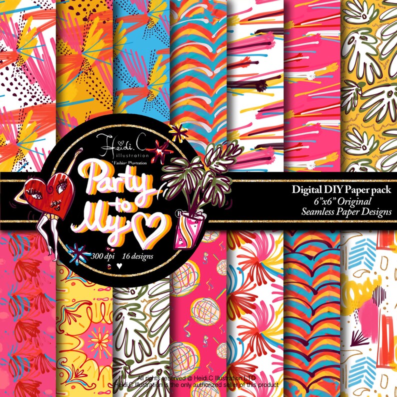 Pode incluir: Um pacote de papel digital DIY com 16 designs de papel originais sem costura. Os designs apresentam padr&otilde;es abstratos vibrantes em rosa, amarelo, azul e laranja. O pacote inclui um personagem em forma de cora&ccedil;&atilde;o e o texto "Party to My Heart". Cada papel tem 15,24 cm x 15,24 cm.