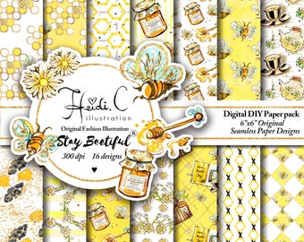 Pode incluir: Um pacote de papel digital com 16 designs sem costura que apresentam abelhas, potes de mel, favos de mel e padrões florais. Os designs são em amarelo, branco e preto. O texto "Stay Beetiful" está incluído na imagem.