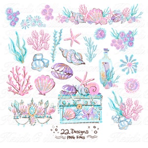 May include: A set of 22 watercolor illustrations featuring mermaid-themed designs. The illustrations include seashells, coral, starfish, a treasure chest, a bottle with a message, and a crown. The illustrations are in shades of pink, blue, and purple.