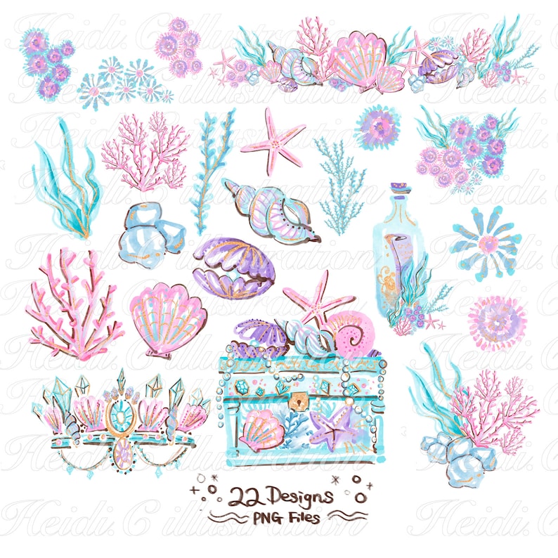 May include: A set of 22 watercolor illustrations featuring mermaid-themed designs. The illustrations include seashells, coral, starfish, a treasure chest, a bottle with a message, and a crown. The illustrations are in shades of pink, blue, and purple.