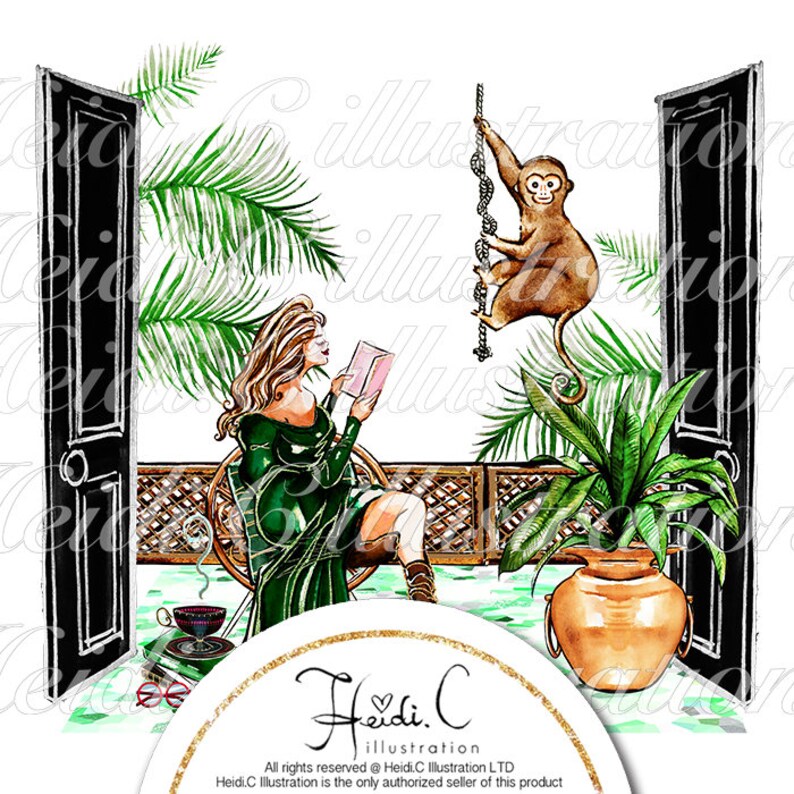 May include: A watercolor illustration of a woman sitting on a patio reading a book. She is wearing a green dress and has long blonde hair. A monkey is hanging from a vine in the background. The patio is decorated with plants and a potted plant.