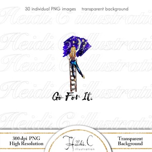 May include: A digital illustration of a woman standing on a ladder reaching up to paint a purple sky with stars and a crescent moon. The text "Go For It." is below the woman.