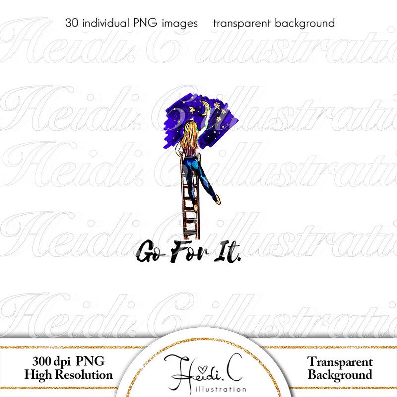 May include: A digital illustration of a woman standing on a ladder reaching up to paint a purple sky with stars and a crescent moon. The text "Go For It." is below the woman.