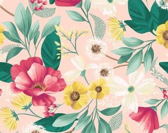 Coral Floral Fresco Prado algodón Acolchado tela Melissa Lowry Clothworks
