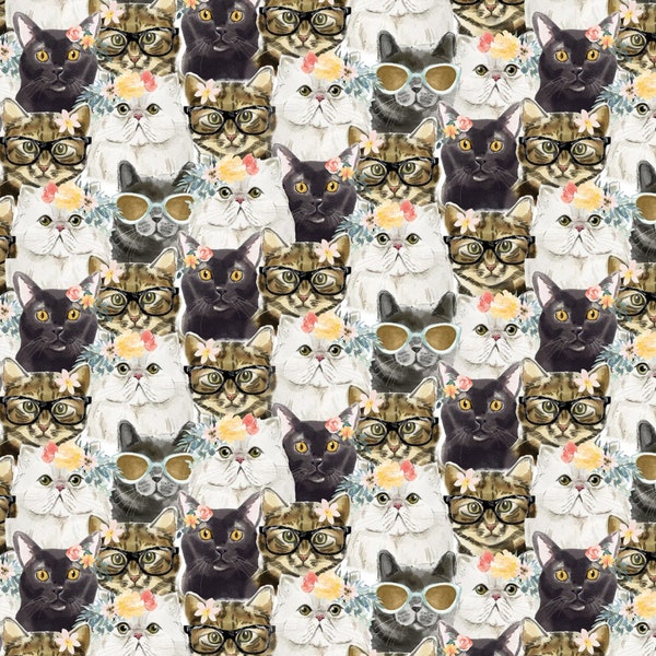 Packed Cat Glasses Cotton Fabric 3 Wishes Tabby Persian Siamese Void Chonk Slonk