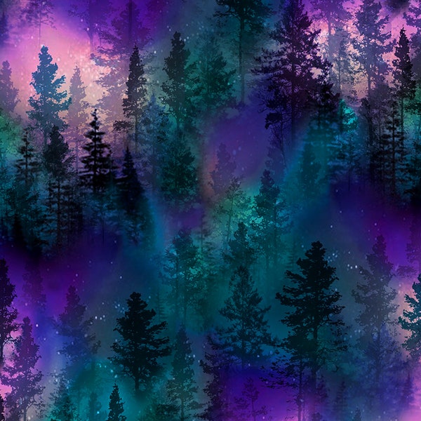 Aurora Trees Cotton Fabric Timeless Treasures Aurora Nights Collection