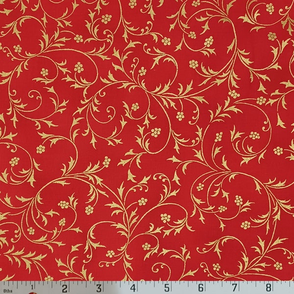 Robert Kaufman Holiday Flourish Snow Flower Cotton Fabric Christmas Red & Gold Scroll